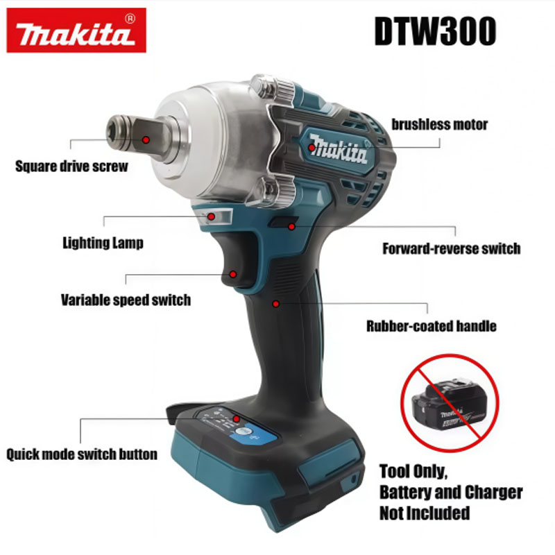 Makita Drill Dtw300 - マキタDTW300 18Vブラシレスコードレスレンチ電動工具セット、高トルク330Nm、自動車修理用リチウム大型トルクレンチ